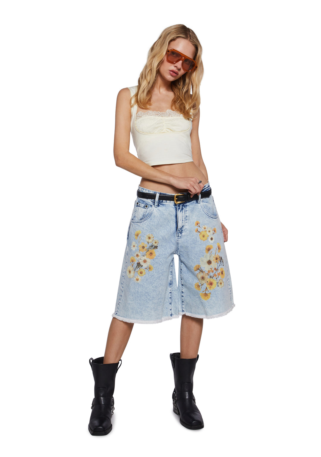 Womens Spring Summer Flower Print Denim Long Shorts With Frayed Hem Current Mood - Blue - Image 2