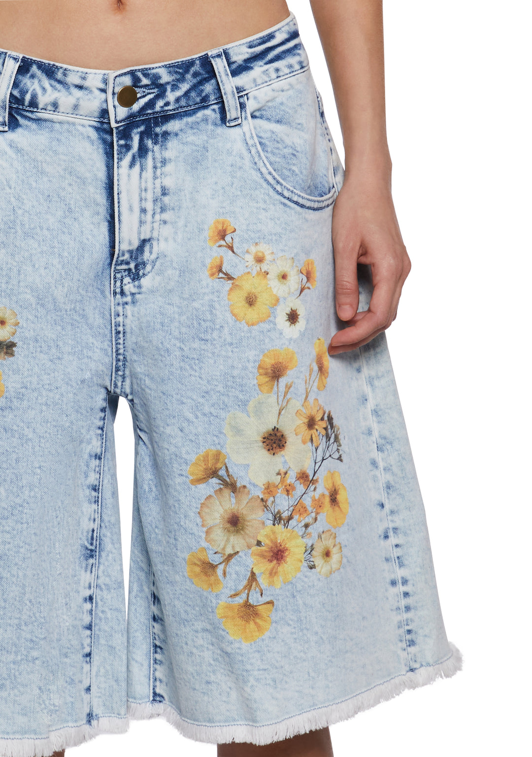 Womens Spring Summer Flower Print Denim Long Shorts With Frayed Hem Current Mood - Blue - Image 5