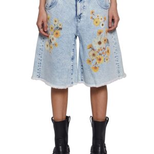 Womens Spring Summer Flower Print Denim Long Shorts With Frayed Hem Current Mood - Blue