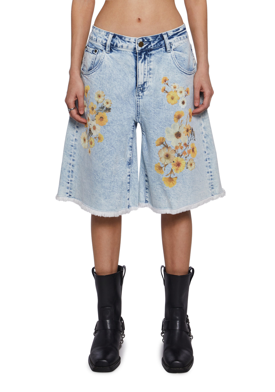 Womens Spring Summer Flower Print Denim Long Shorts With Frayed Hem Current Mood - Blue