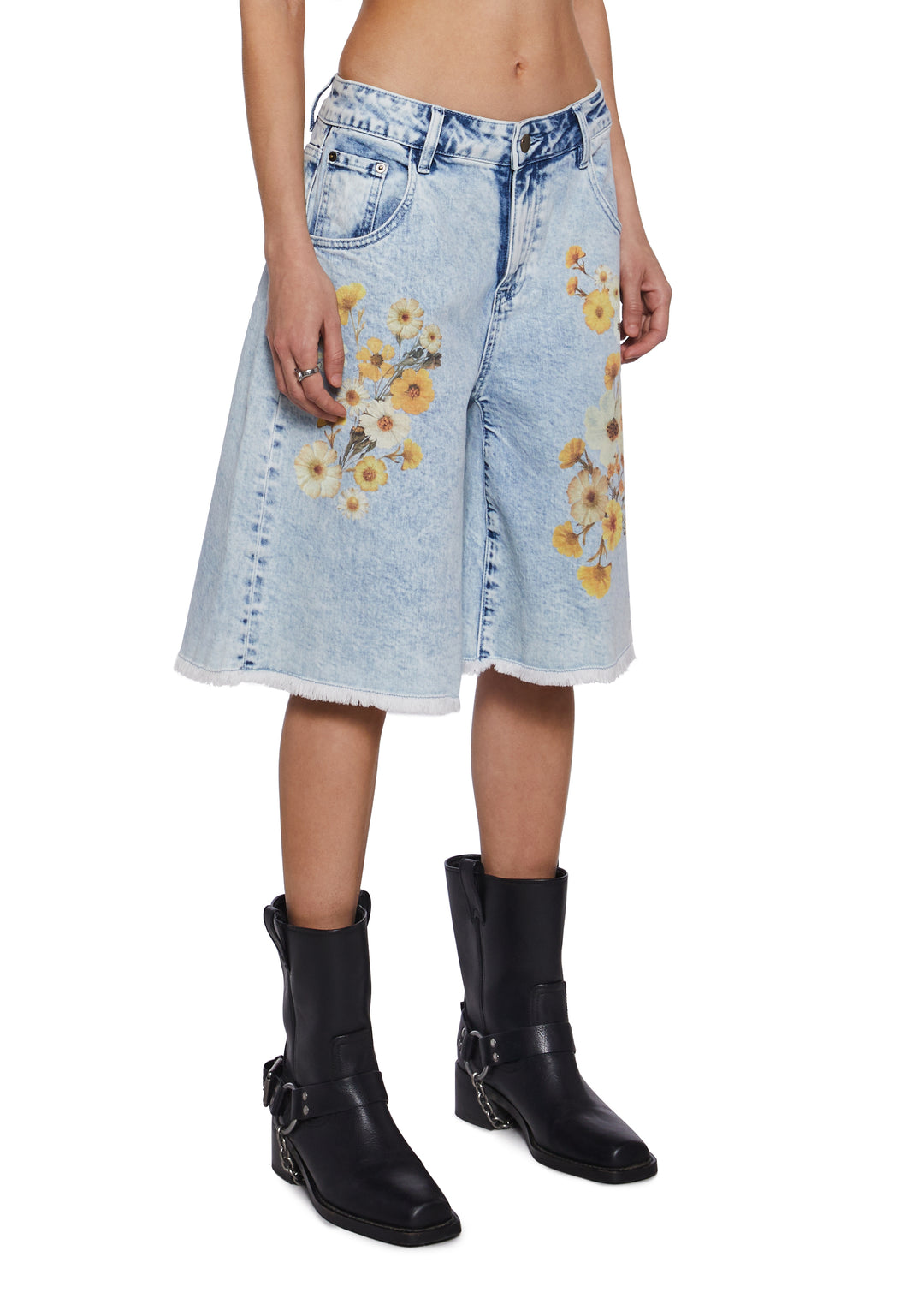 Womens Spring Summer Flower Print Denim Long Shorts With Frayed Hem Current Mood - Blue - Image 3