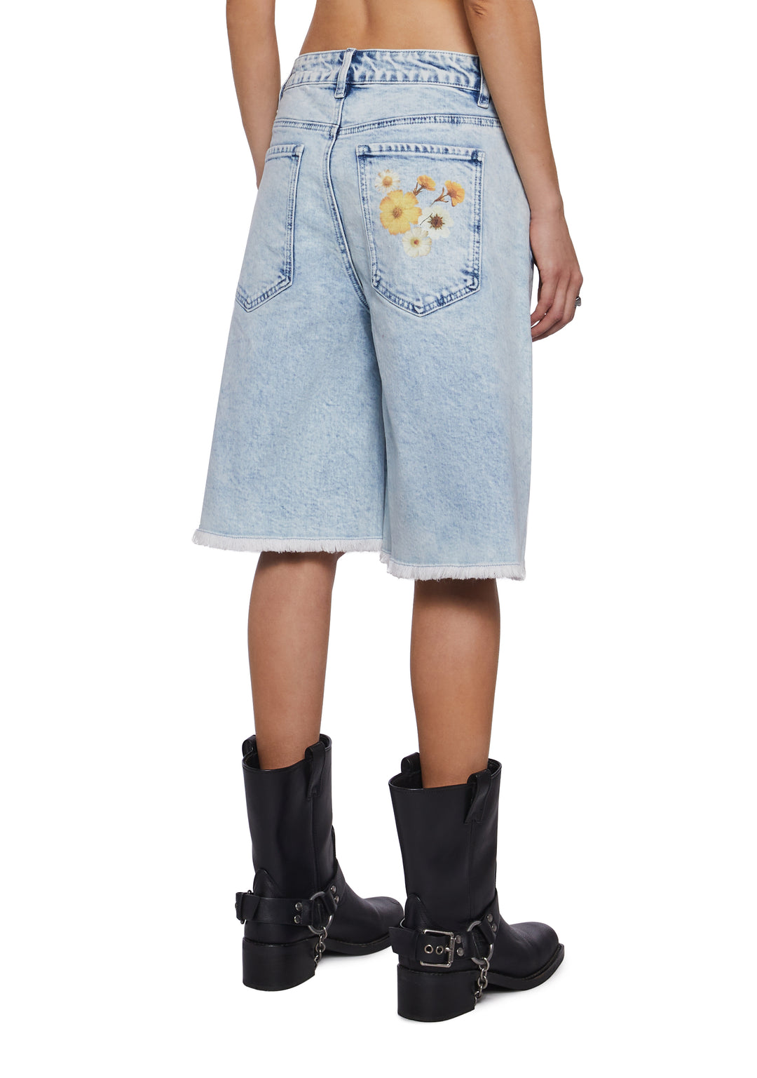 Womens Spring Summer Flower Print Denim Long Shorts With Frayed Hem Current Mood - Blue - Image 4