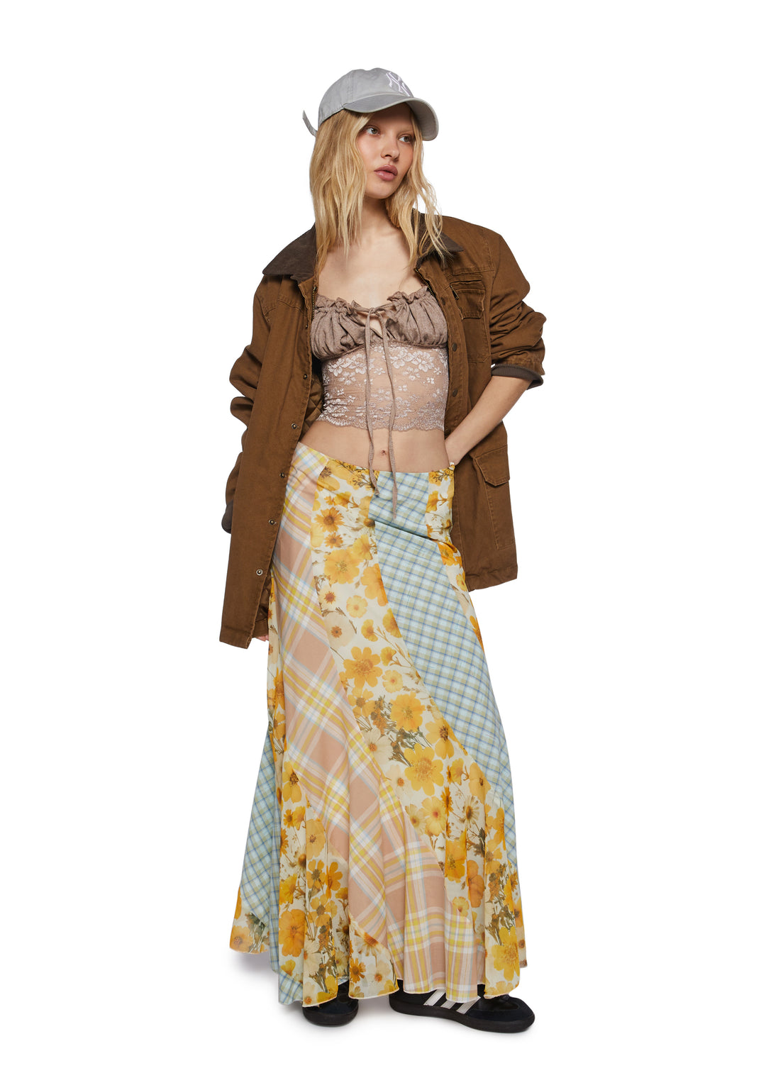 Womens Patchwork Floral Striped Maxi Skirt Current Mood - Multi - Image 2