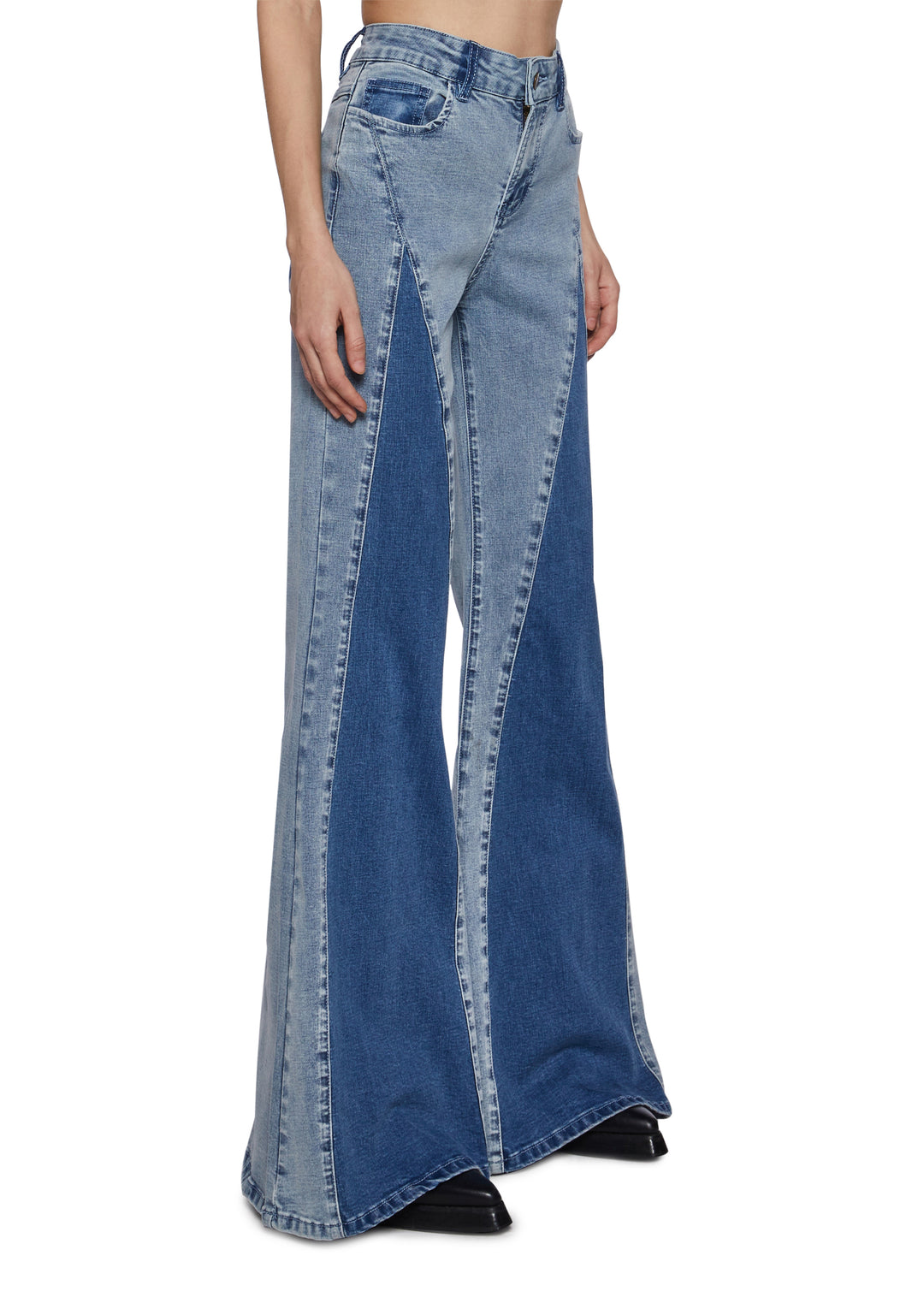 Womens Two Tone Denim Wide Leg Jeans Current Mood - Blue - Image 3