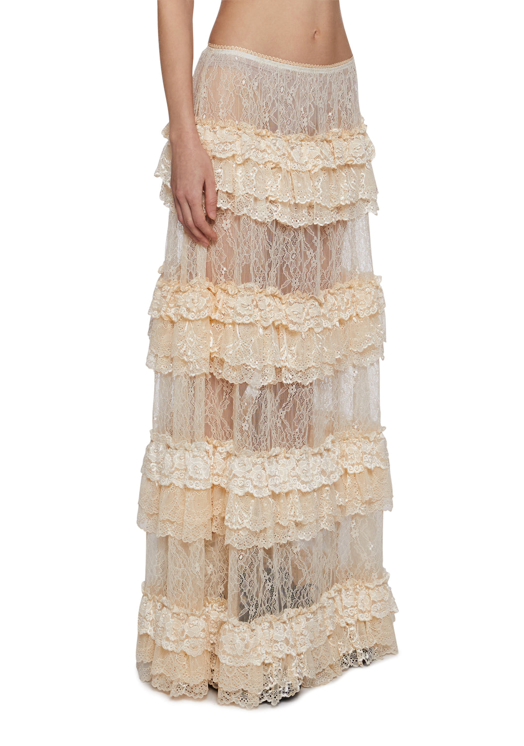 Womens Sheer Lace Maxi Ruffled Skirt Current Mood - Off White - Image 3