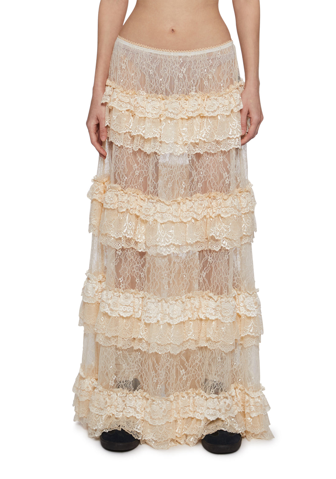 Womens Sheer Lace Maxi Ruffled Skirt Current Mood - Off White