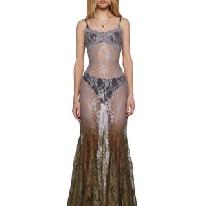 Sheer Stretchy Lace Dip Dye Maxi Dress Current Mood - Gray