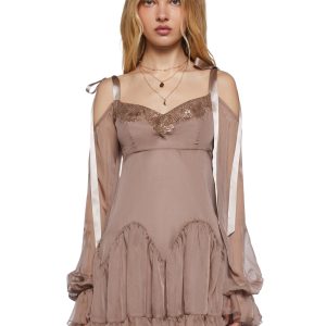 Chiffon Off The Shoulder Mini Dress With Satin Ribbon Ties Current Mood - Brown