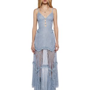 Womens Lace Maxi Dress With Ruffles And Cut Outs Current Mood- Blue