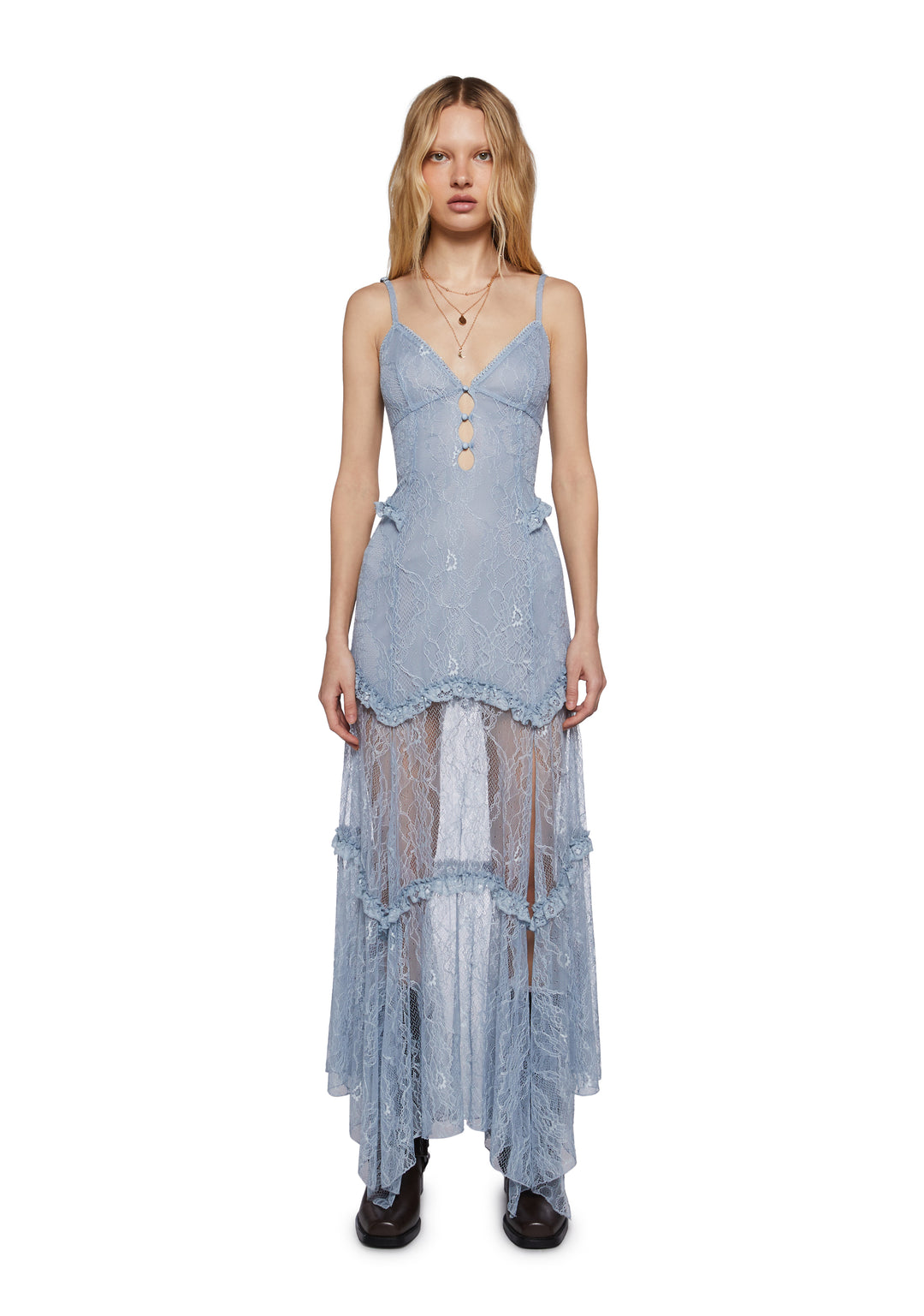 Womens Lace Maxi Dress With Ruffles And Cut Outs Current Mood- Blue