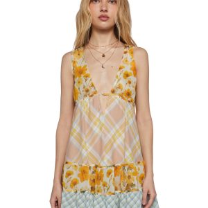 Womens Sheer Mesh Cotton Patchwork Floral Trapeze Babydoll Dress Current Mood - Multi