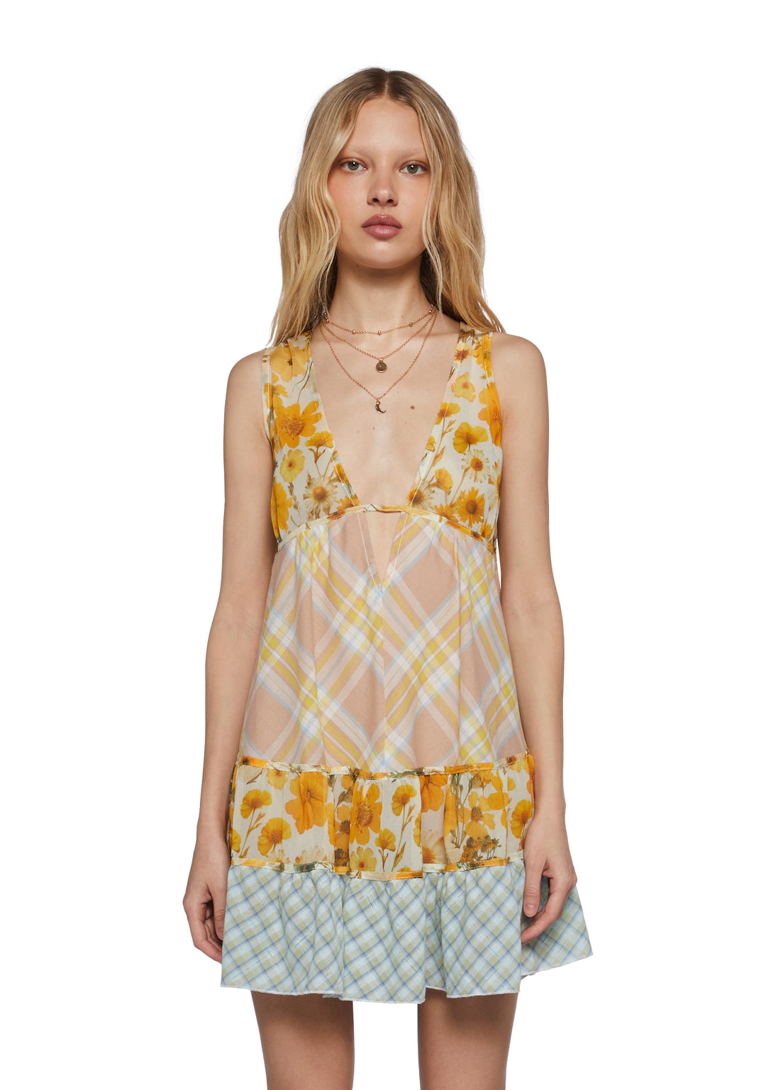 Womens Sheer Mesh Cotton Patchwork Floral Trapeze Babydoll Dress Current Mood - Multi