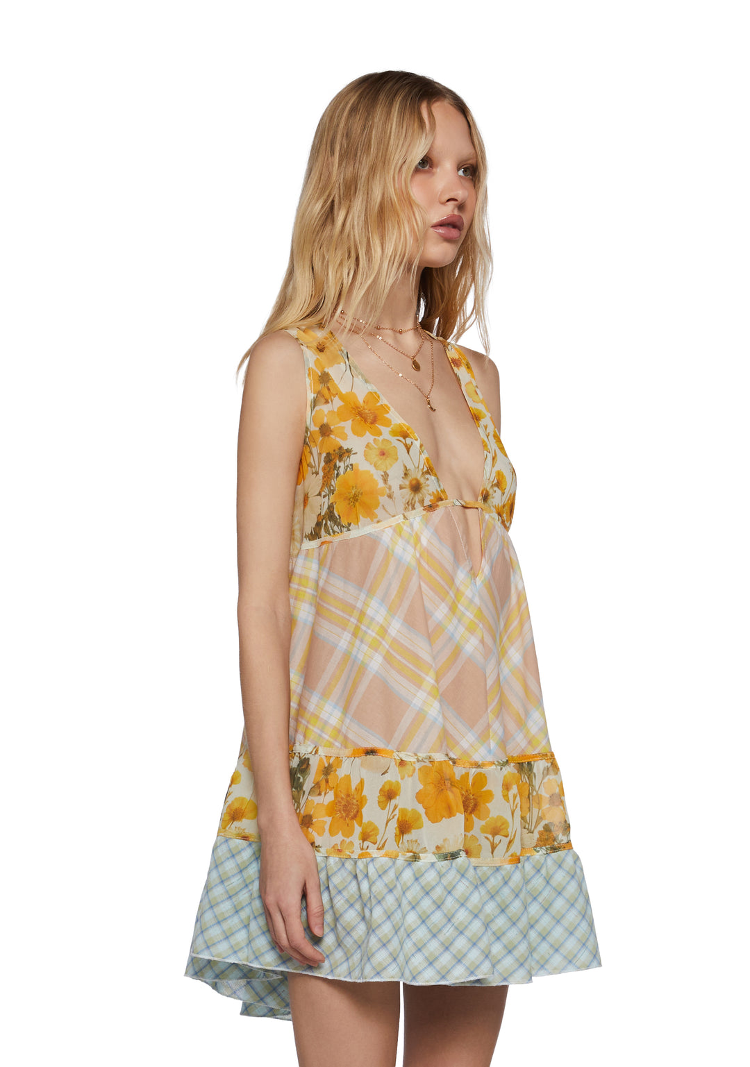 Womens Sheer Mesh Cotton Patchwork Floral Trapeze Babydoll Dress Current Mood - Multi - Image 3