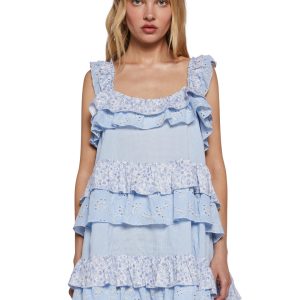 Womens Floral Gingham Eyelet Tiered Ruffled Mini Dress Current Mood - Blue