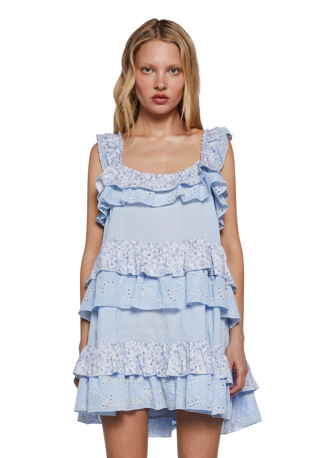 Womens Floral Gingham Eyelet Tiered Ruffled Mini Dress Current Mood - Blue