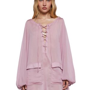 Womens Sheer Lace Up Long Sleeve Mini Dress Current Mood - Pink