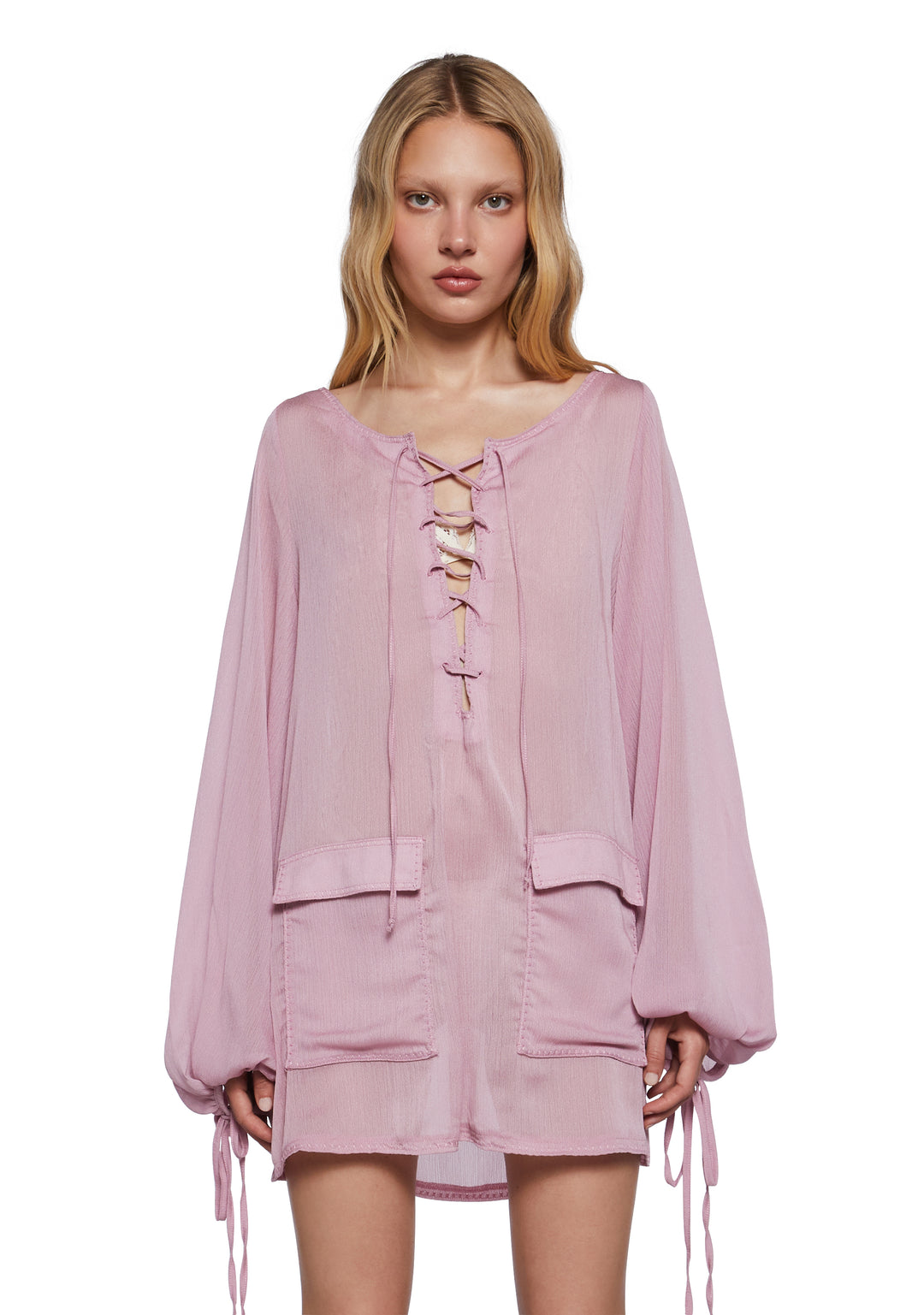 Womens Sheer Lace Up Long Sleeve Mini Dress Current Mood - Pink