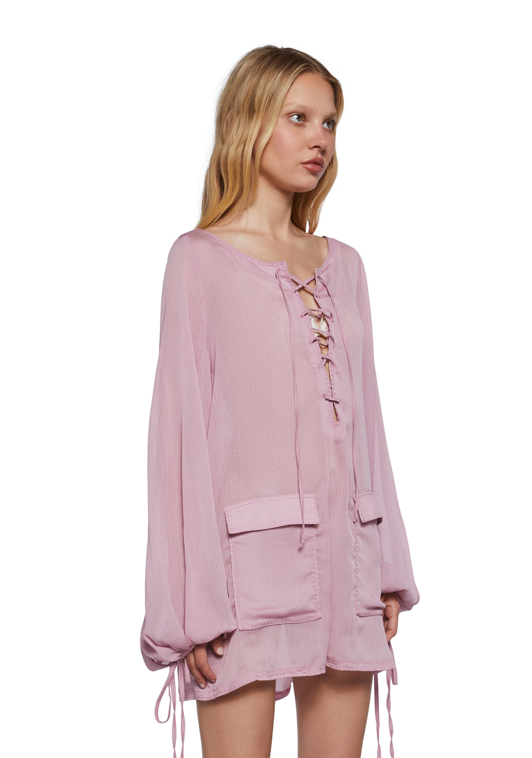 Womens Sheer Lace Up Long Sleeve Mini Dress Current Mood - Pink - Image 3