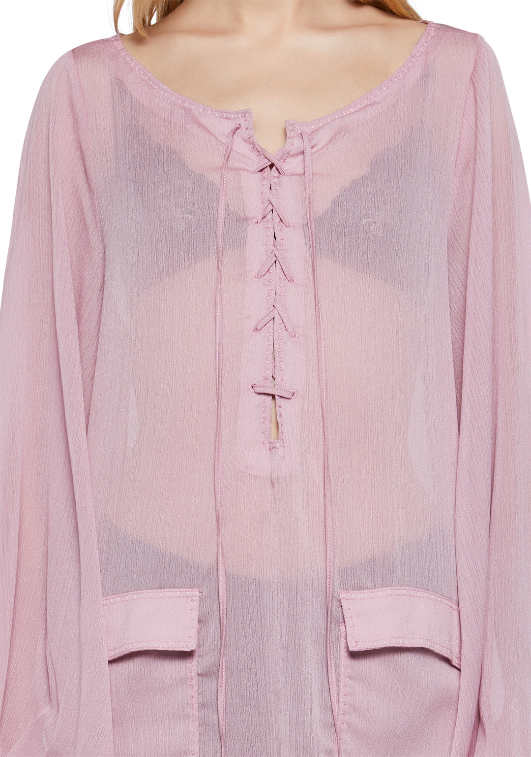 Womens Sheer Lace Up Long Sleeve Mini Dress Current Mood - Pink - Image 6