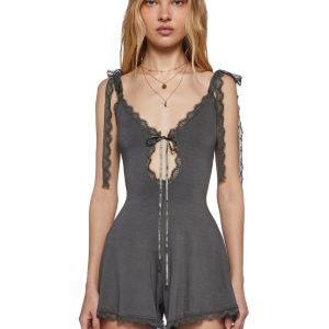 Stretchy Knit Sleeveless Lace Romper Current Mood- Gray