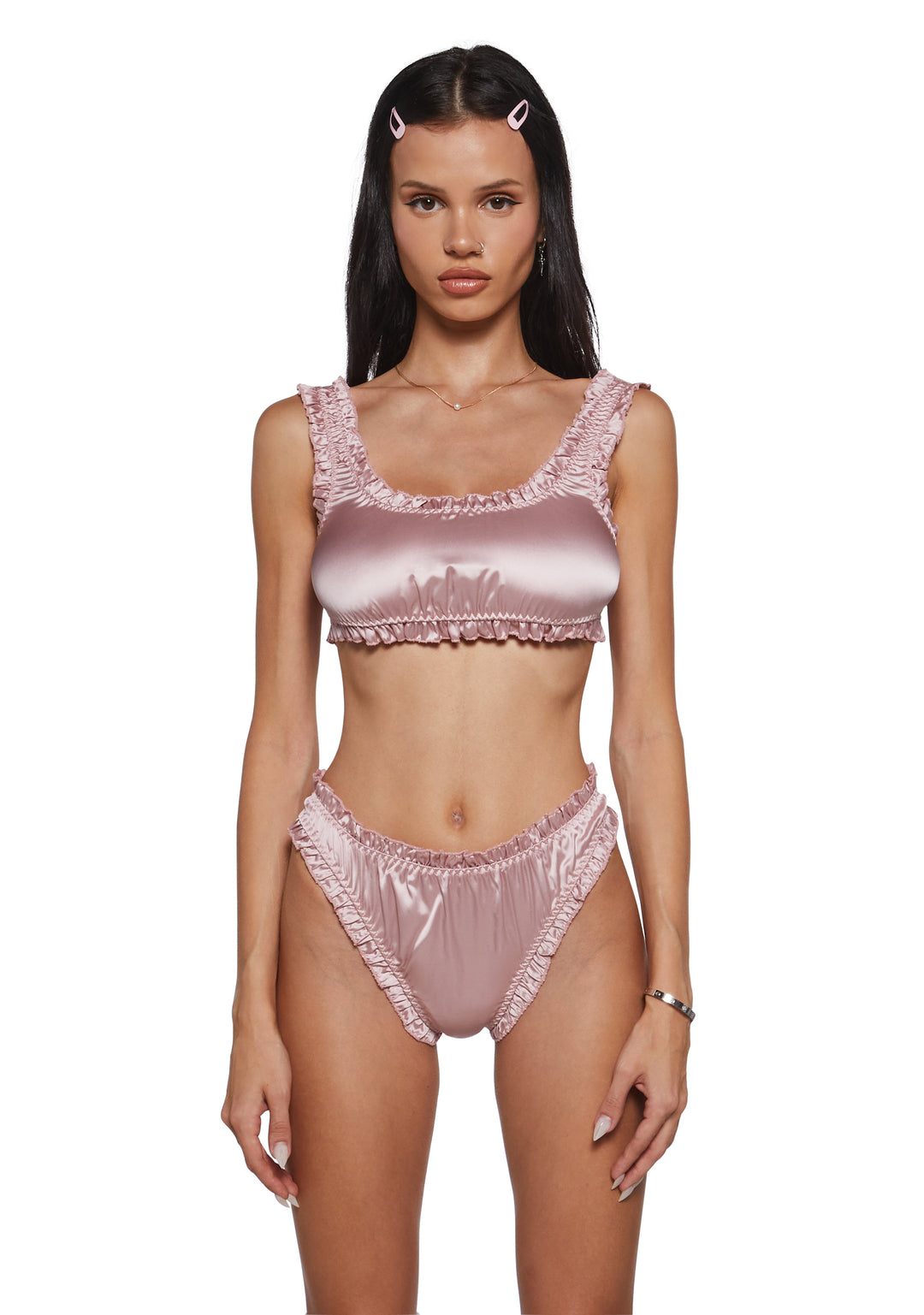 Womens Satin Bralette And Panties Lingerie Set Current Mood - Pink