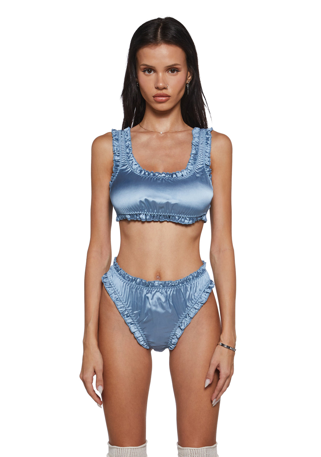 Womens Satin Bralette And Panties Lingerie Set Current Mood - Blue