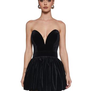 Womens Sexy Velvet Bubble Hem Dress With Plunging Neckline - Black