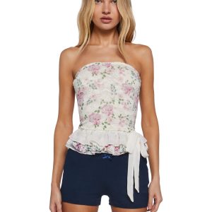 Womens Floral Lace Tube Top With Ruffled Delias - Off White