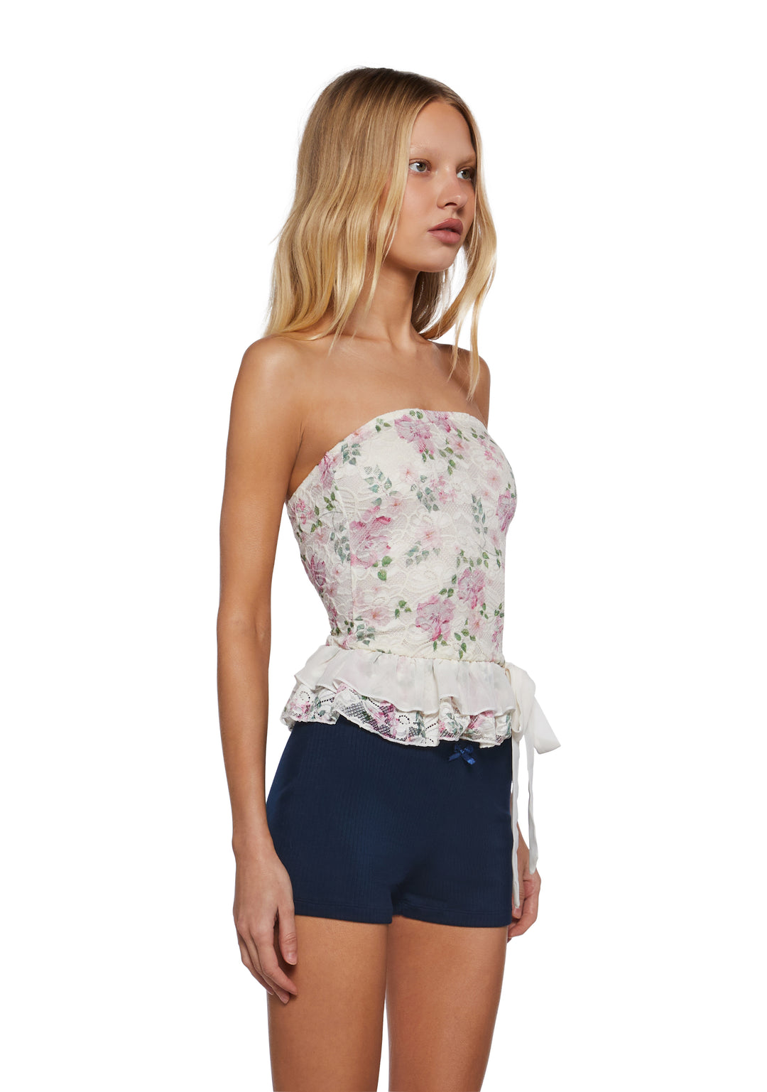 Womens Floral Lace Tube Top With Ruffled Delias - Off White - Image 3