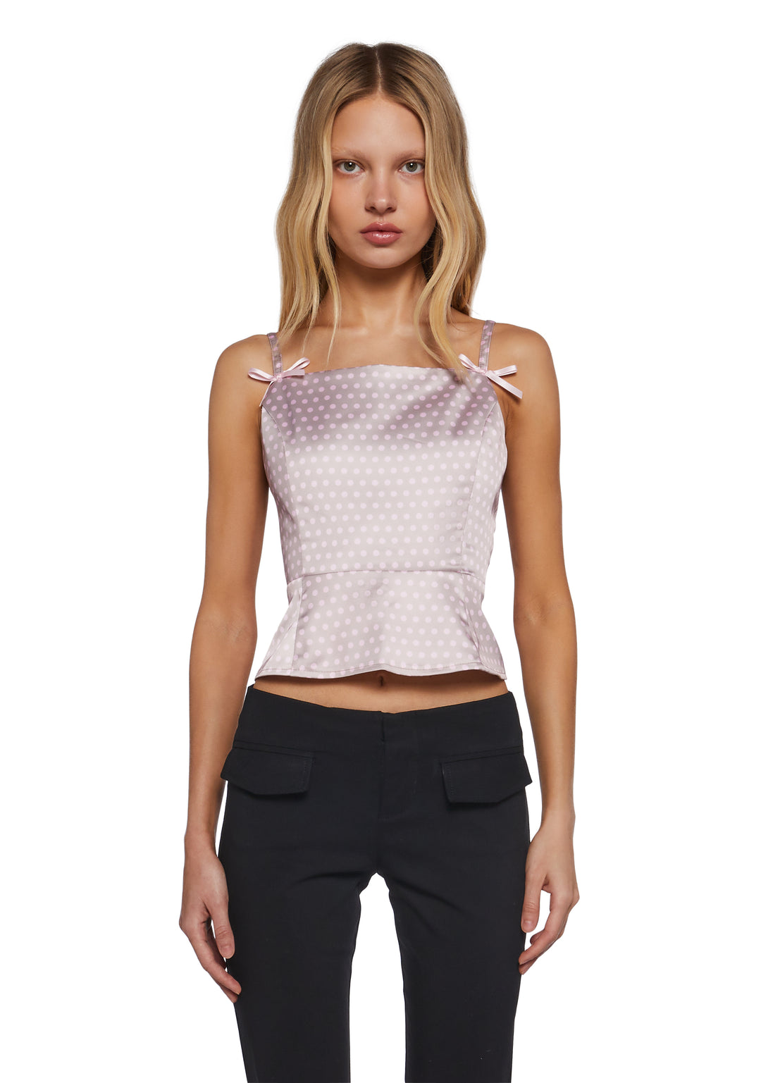 Womens Satin Polka Dot Peplum Blouse Delias - Pink - Image 4