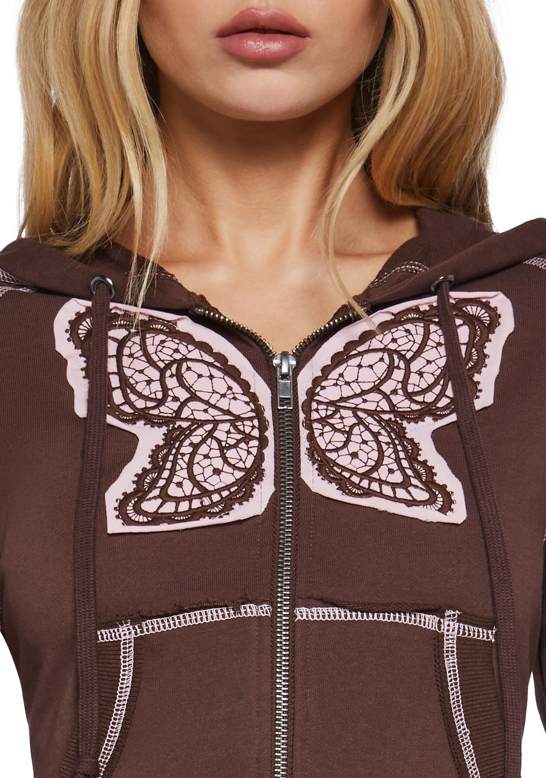 Womens French Terry Butterfly Crop Hoodie - Brown - Image 5