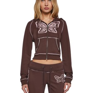 Womens French Terry Butterfly Crop Hoodie - Brown