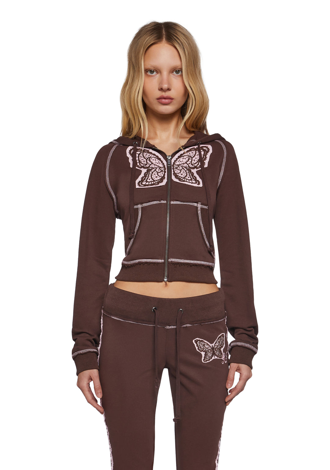 Womens French Terry Butterfly Crop Hoodie - Brown