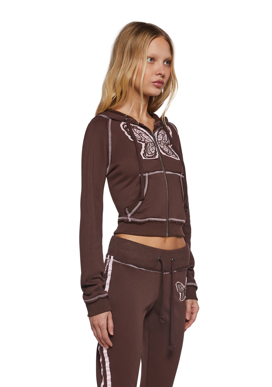Womens French Terry Butterfly Crop Hoodie - Brown - Image 3