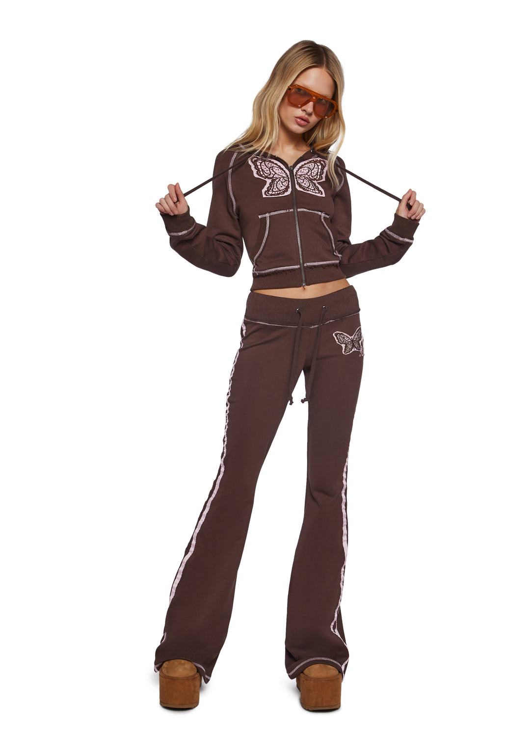 Womens French Terry Butterfly Crop Hoodie - Brown - Image 2