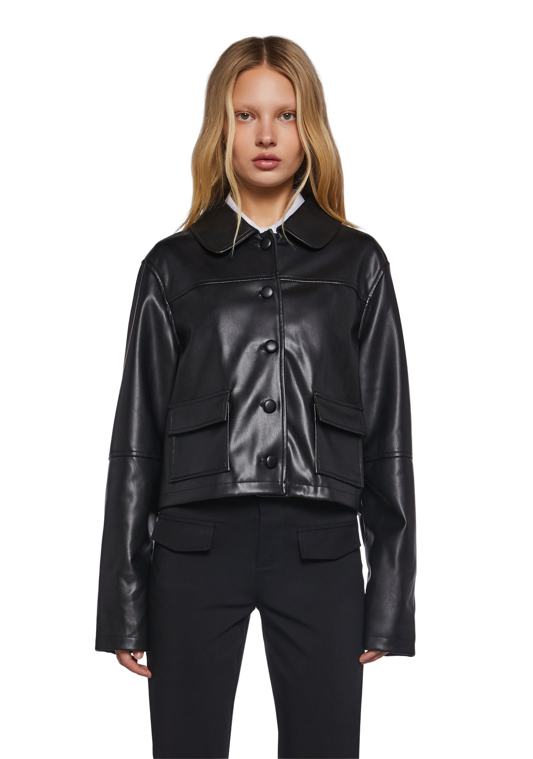 Womens Vegan Leather Collared Cropped Jacket Delias - Black - Image 6