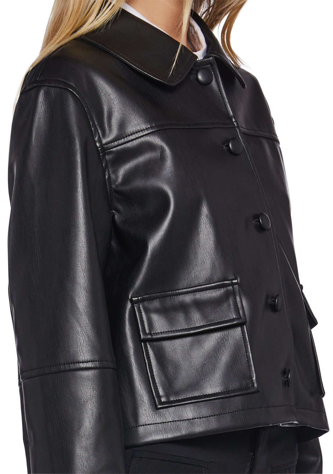 Womens Vegan Leather Collared Cropped Jacket Delias - Black - Image 5