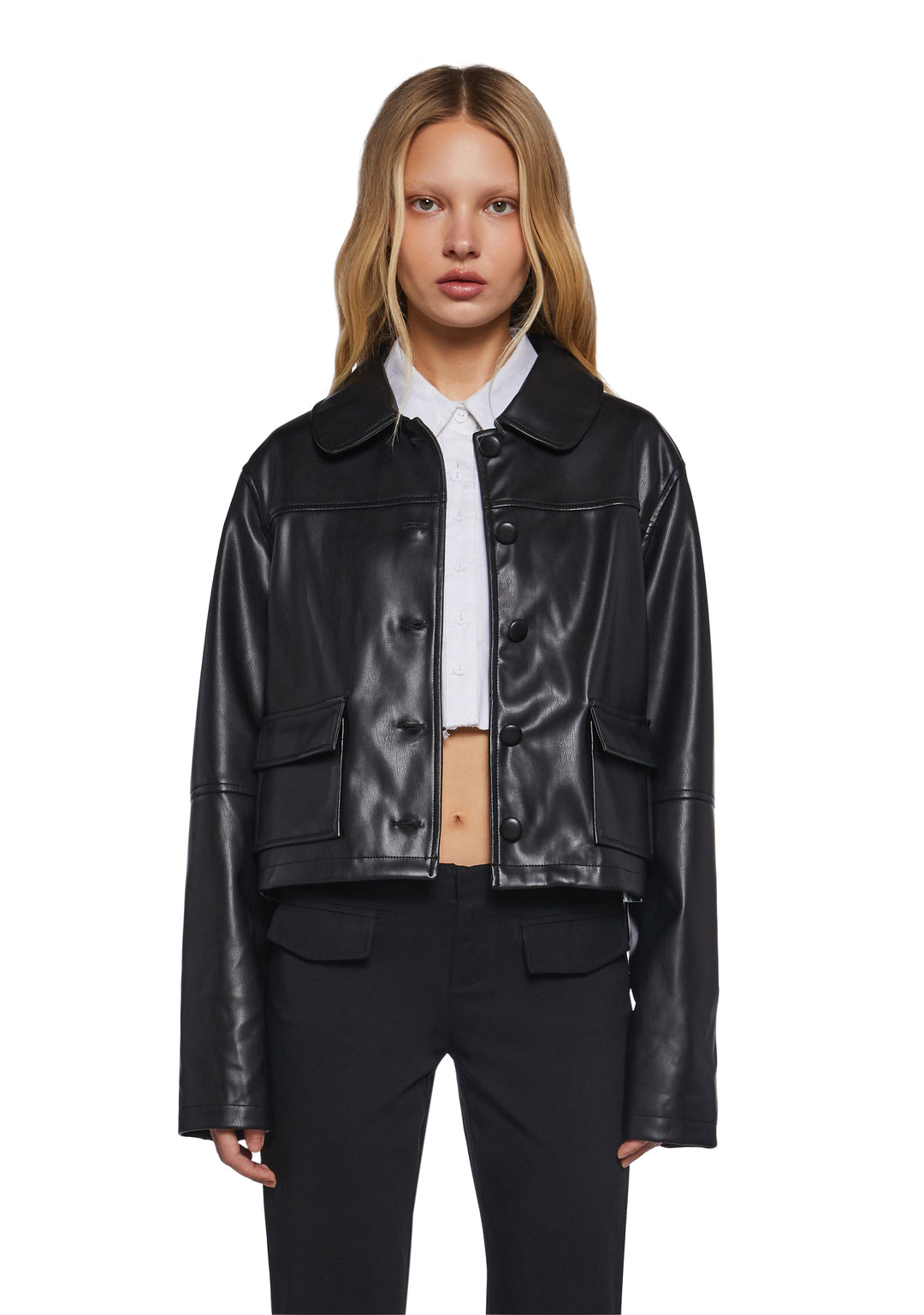 Womens Vegan Leather Collared Cropped Jacket Delias - Black