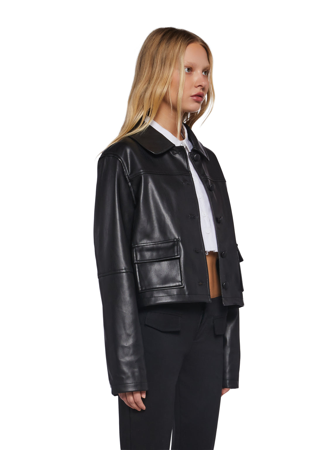Womens Vegan Leather Collared Cropped Jacket Delias - Black - Image 3