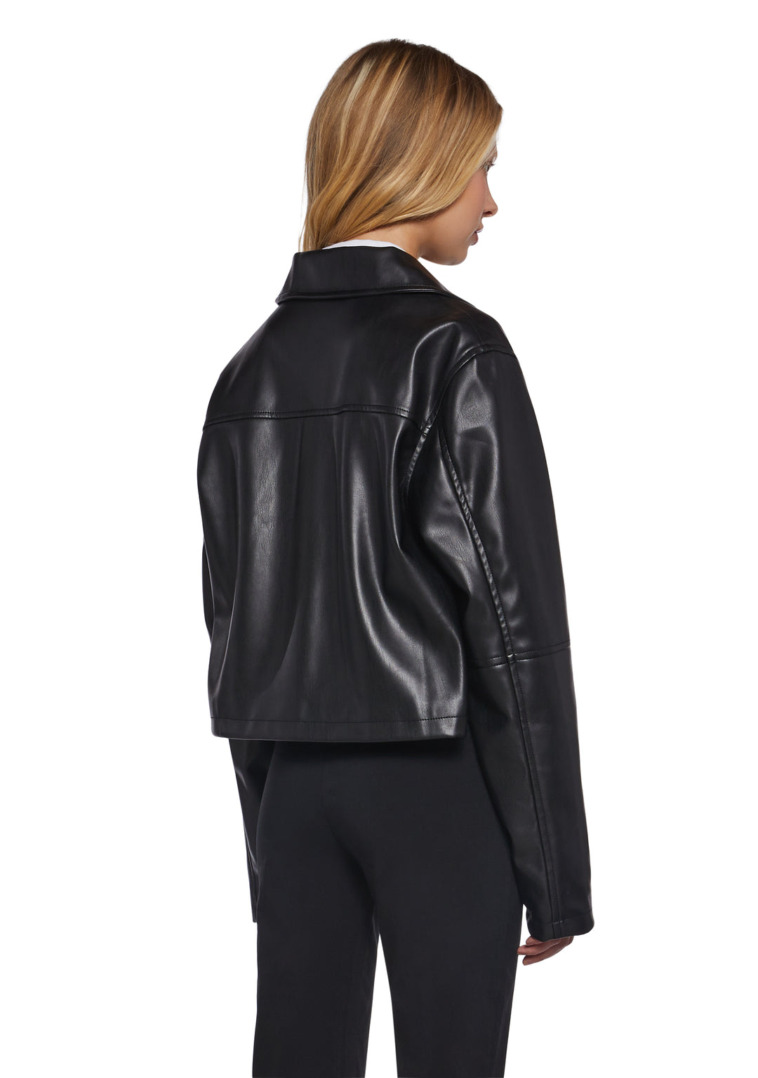 Womens Vegan Leather Collared Cropped Jacket Delias - Black - Image 4