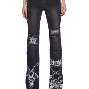 Womens Baphomet Flared Jeans With Goth Graphics Widow - Black