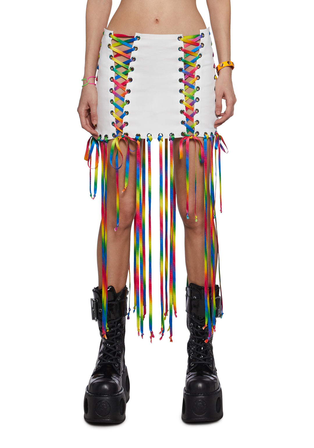 Womens Clowncore Festival Corset Mini Skirt With Rainbow Lace Ups Club Exx - Multi