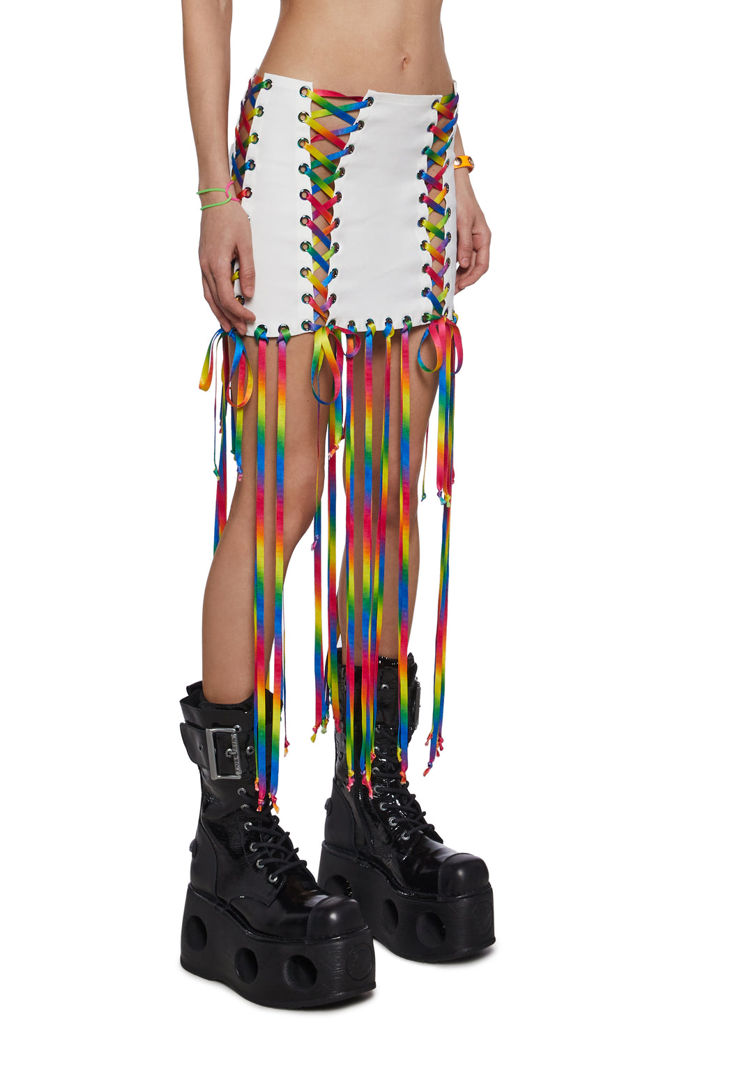 Womens Clowncore Festival Corset Mini Skirt With Rainbow Lace Ups Club Exx - Multi - Image 3