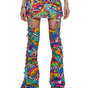 Womens Clowncore Rave Trippy Mini Skirt With Removable Leg Warmers Club Exx - Multi