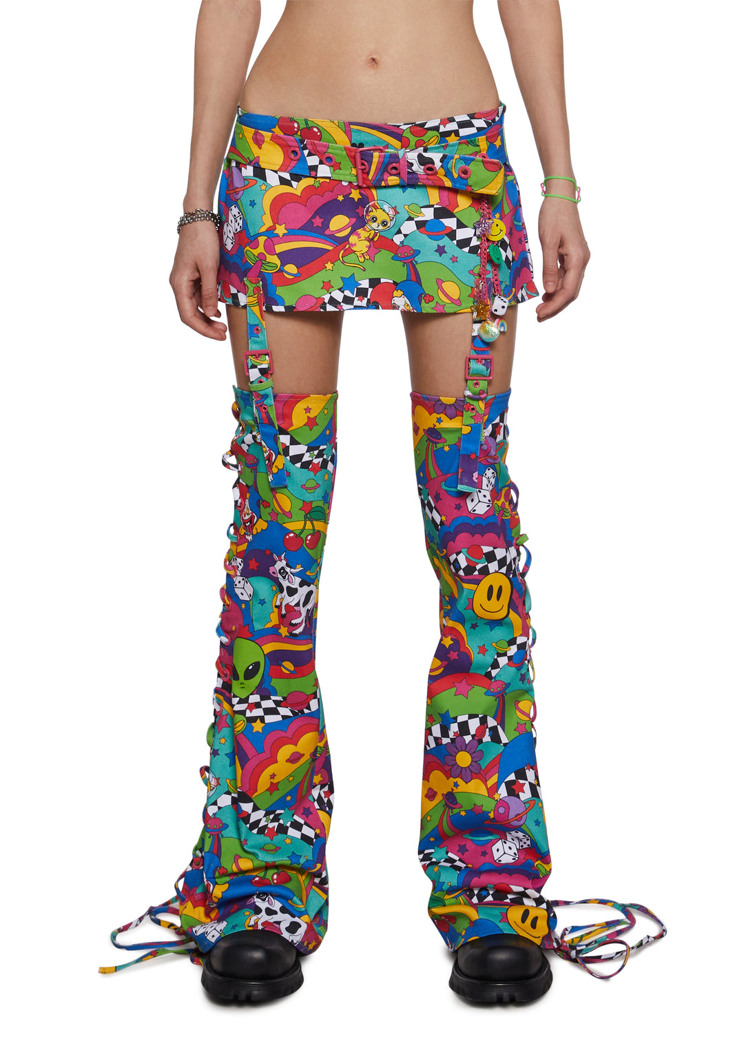 Womens Clowncore Rave Trippy Mini Skirt With Removable Leg Warmers Club Exx - Multi