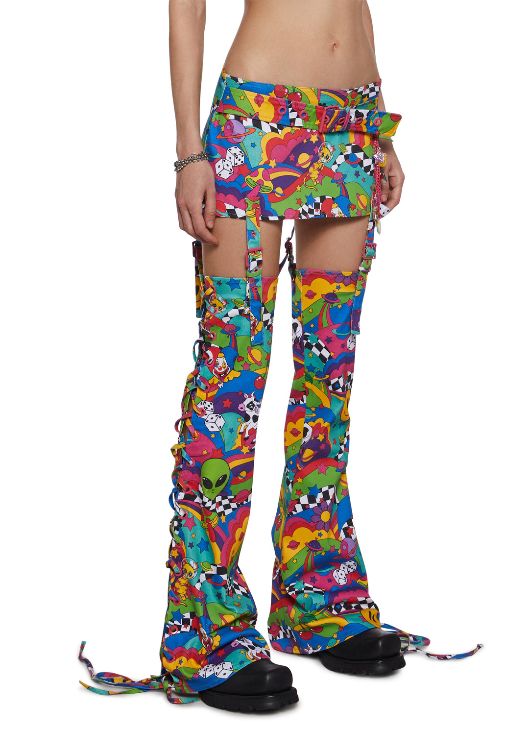 Womens Clowncore Rave Trippy Mini Skirt With Removable Leg Warmers Club Exx - Multi - Image 3