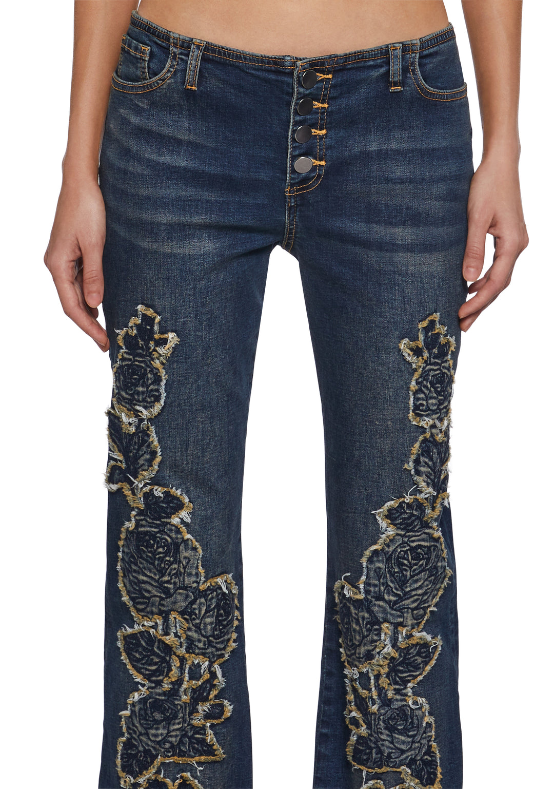 Womens Rose Embroidered Rose Applique Flared Jeans Pants Delias- Blue - Image 5