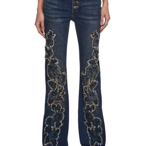 Womens Rose Embroidered Rose Applique Flared Jeans Pants Delias- Blue