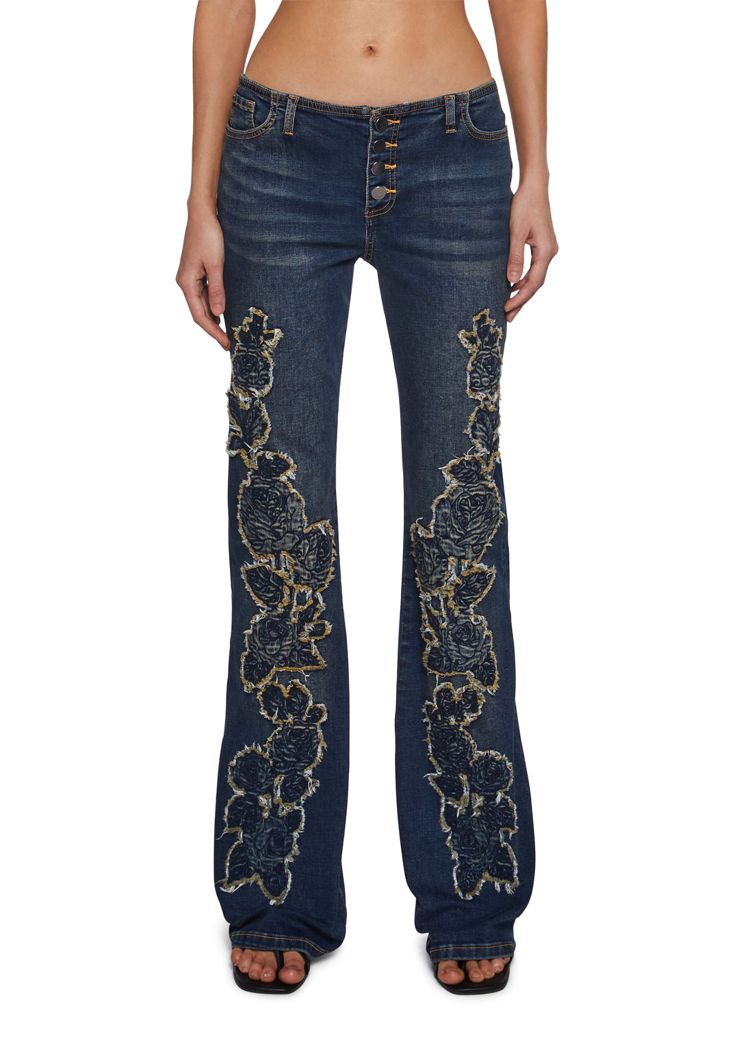 Womens Rose Embroidered Rose Applique Flared Jeans Pants Delias- Blue