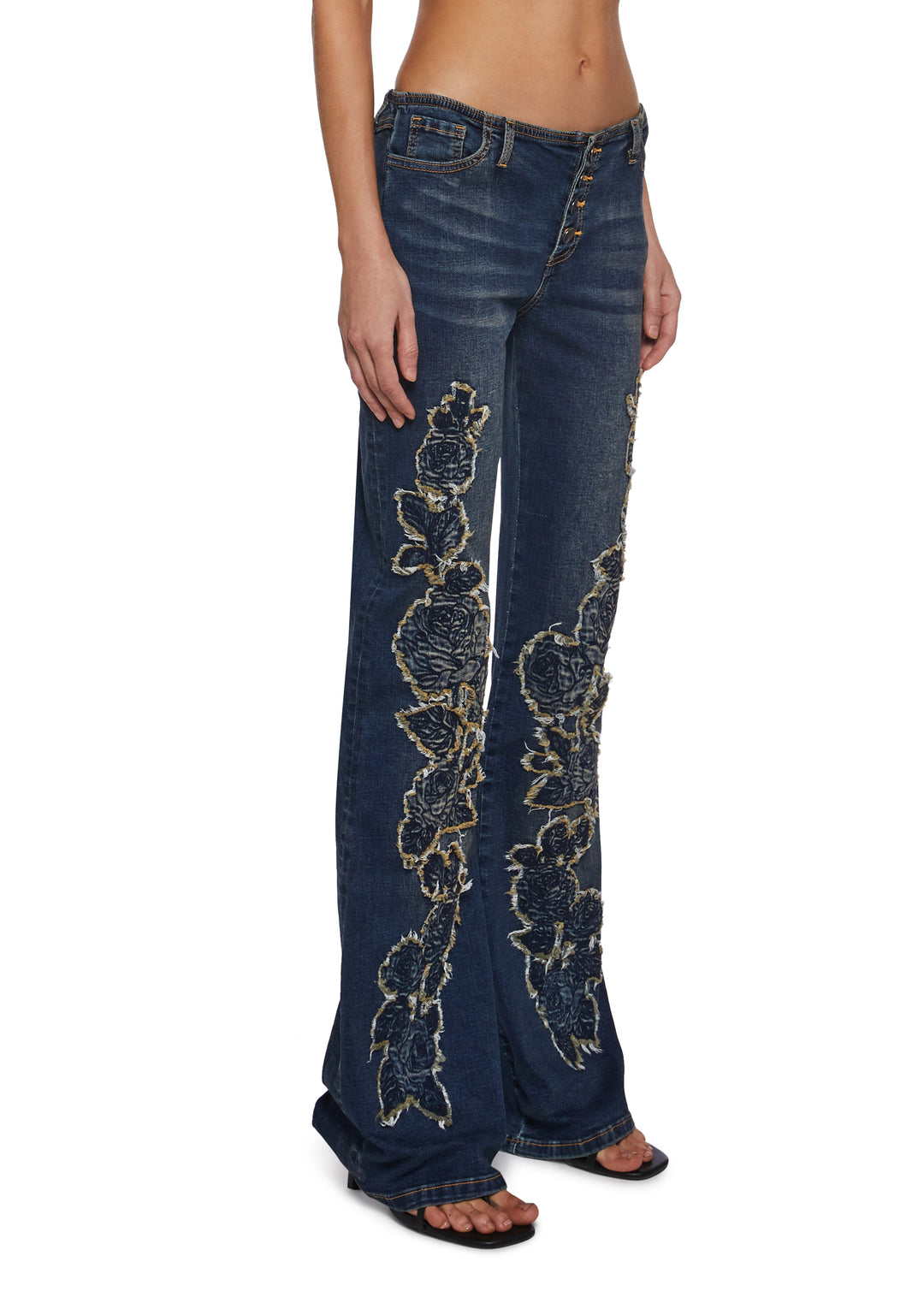 Womens Rose Embroidered Rose Applique Flared Jeans Pants Delias- Blue - Image 3